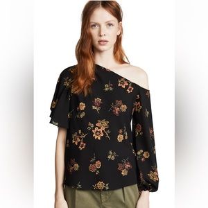 A.L.C Marissa Silk Floral Asymmetrical Sleeve Top in Black Size 2